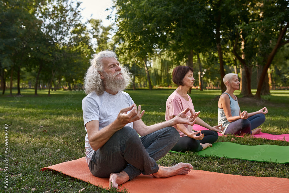 Three senior friends practicing yoga on lawn Three senior friends practicing yoga on lawn