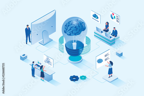 Brainstorming 3d isometric web design. People discuss and find solution to problem, generate creative ideas and improve business projects, work in team at meeting in office. Vector web illustration