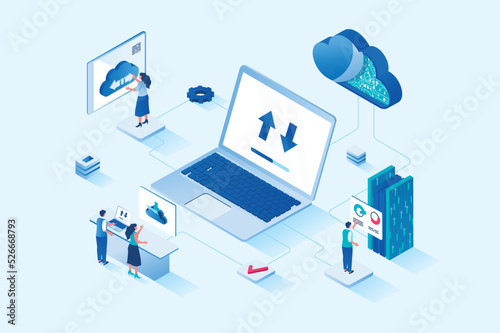 Cloud computing 3d isometric web design. People transfer data, share security access to online storage for other users, use hosting services or work with databases servers. Vector web illustration