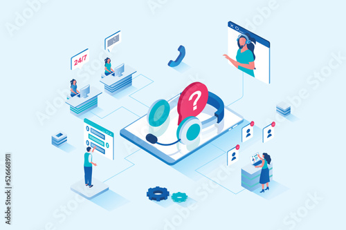 Customer support 3d isometric web design. People call technical support to get advice and resolve their issues, operators in headsets answer and advise, chatting clients. Vector web illustration