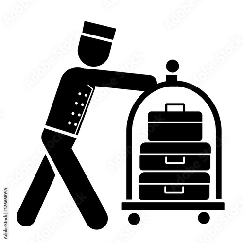 Icon, symbol bellboy pushing luggage trolley. bellboy in uniform, professional doorkeeper. Concierge occupation. Hotel employee. vector