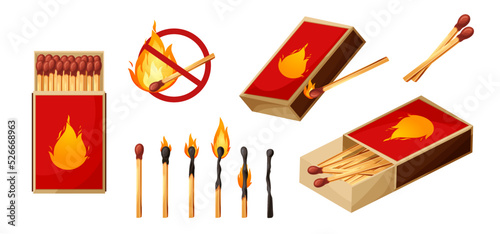 Burnt match stick with fire and matchbox. Set of boxes, opened and close isplated on white background. Vector illustration