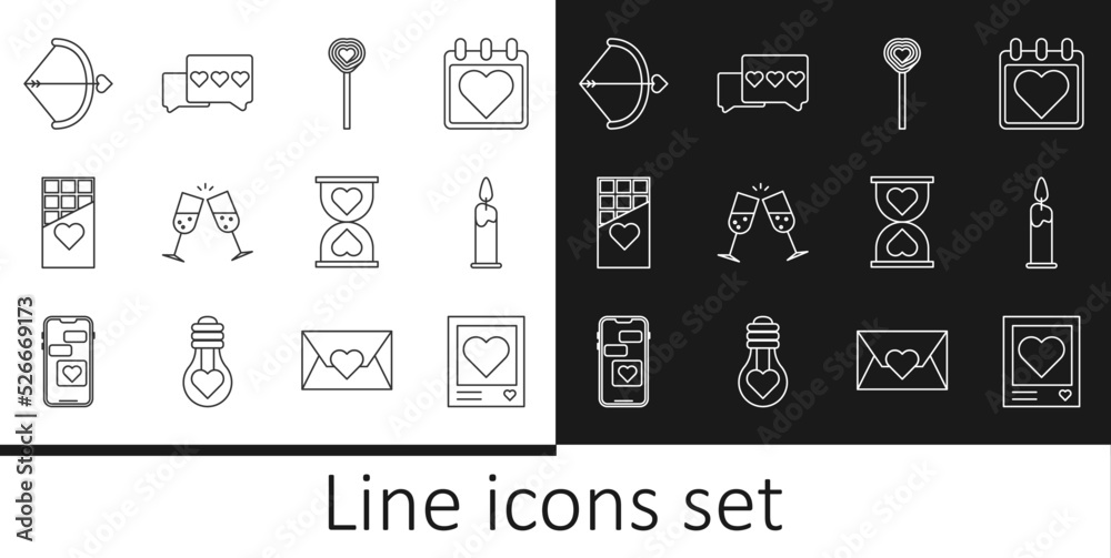 Set line Photo frames and hearts, Burning candle, Lollipop, Glass of champagne, Chocolate bar, Bow arrow, Heart the center hourglass and Like icon. Vector