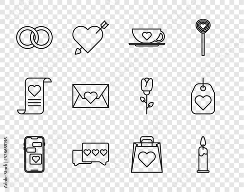 Set line Mobile with heart, Burning candle, Coffee cup, Like, Wedding rings, Envelope Valentine, Shopping bag and Heart tag icon. Vector