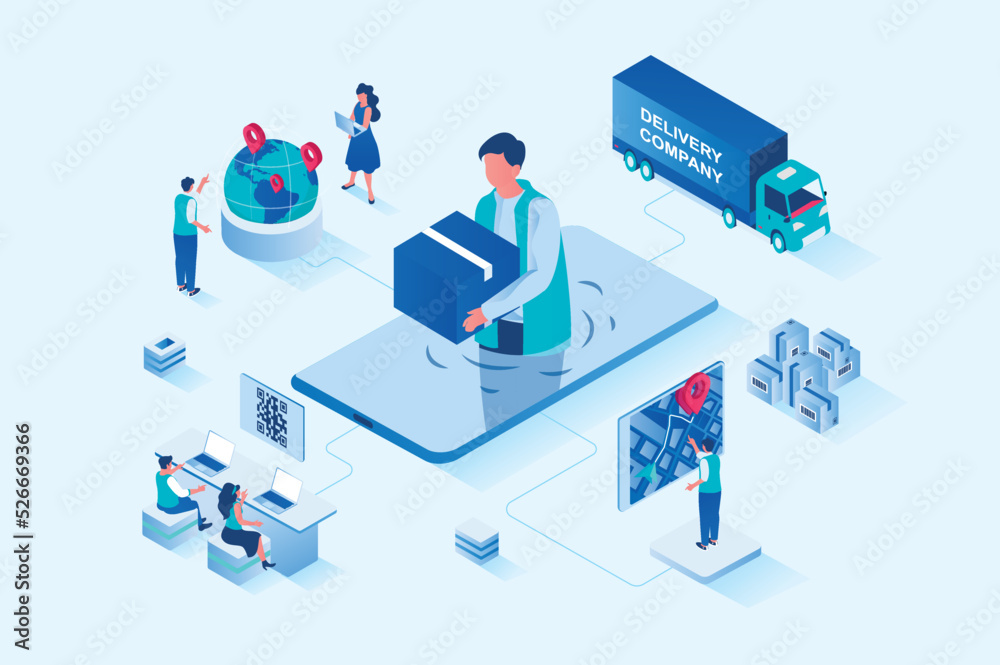 Online delivery 3d isometric web design. People order goods all over world, use fast delivery of parcels, online tracking in application, cargo transportation and logistics. Vector web illustration - obrazy, fototapety, plakaty 