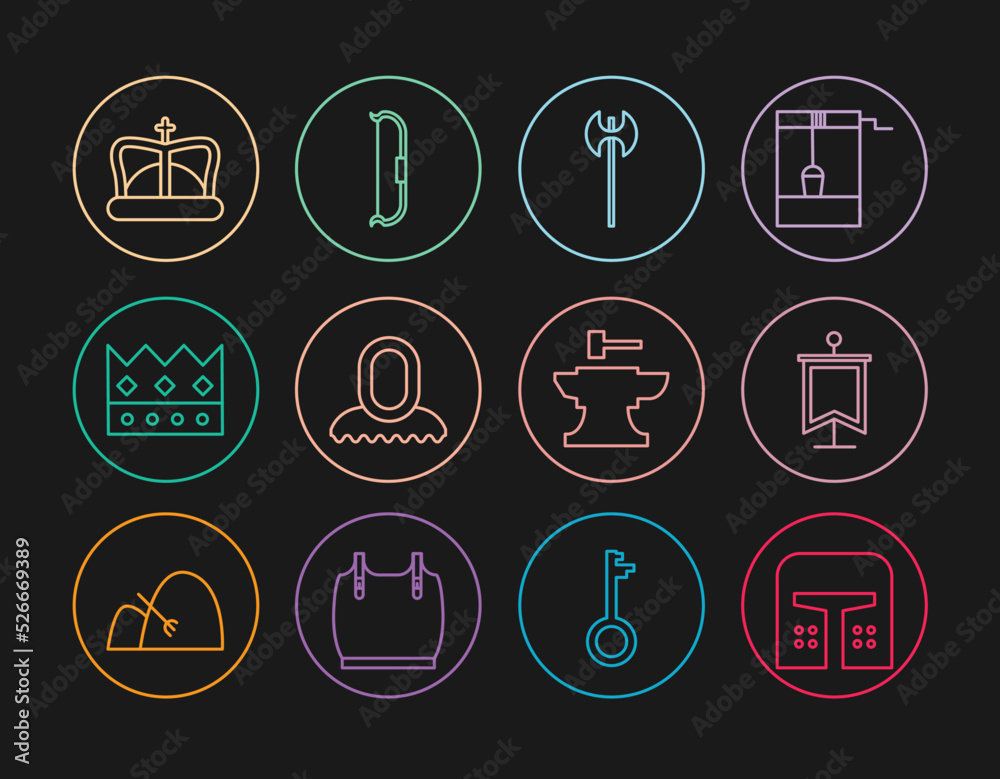 Set line Medieval iron helmet, flag, axe, hood, King crown, Anvil for blacksmithing hammer and bow icon. Vector