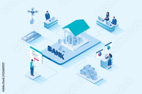 Mobile banking 3d isometric web design. People use online banking services  manage personal financial account  save money  receive interest on deposits and make transactions. Vector web illustration