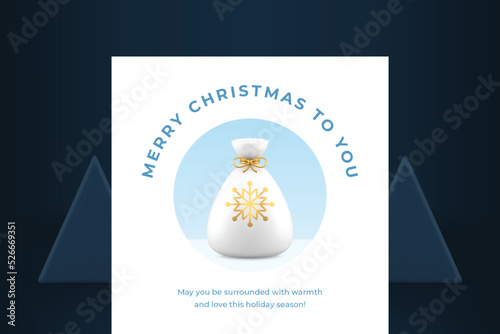 Merry Christmas winter holiday greeting card white Santa Claus sack with gifts 3d icon vector