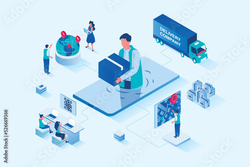 Online delivery 3d isometric web design. People order goods all over world, use fast delivery of parcels, online tracking in application, cargo transportation and logistics. Vector web illustration