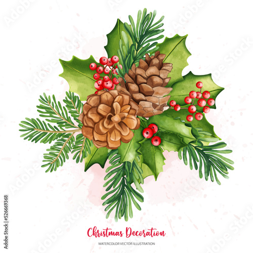 Christmas Holly, pine cone set, Watercolor illustration..