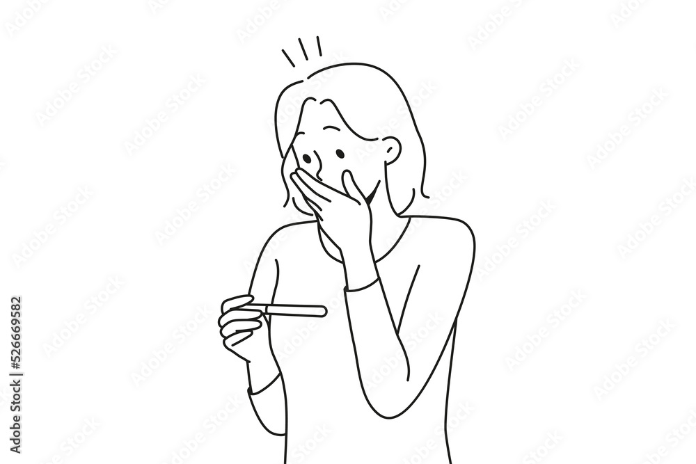 Stunned woman looking at test get to know about pregnancy. Surprised woman shocked with pregnancy news. Vector illustration. Stunned woman looking at test get to know about pregnancy. Surprised woman shocked with pregnancy news. Vector illustration.