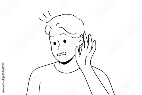 Man make hand gesture hearing gossip or rumor. Frustrated male listening to hidden or secret information. Vector illustration. 