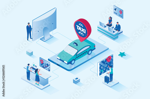 Taxi service 3d isometric web design. People calling taxi, booking car for moving around city or transfer, making route and tracking online location in mobile application. Vector web illustration