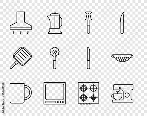 Set line Coffee cup, Electric mixer, Spatula, Electronic scales, Kitchen extractor fan, Pizza knife, Gas stove and colander icon. Vector