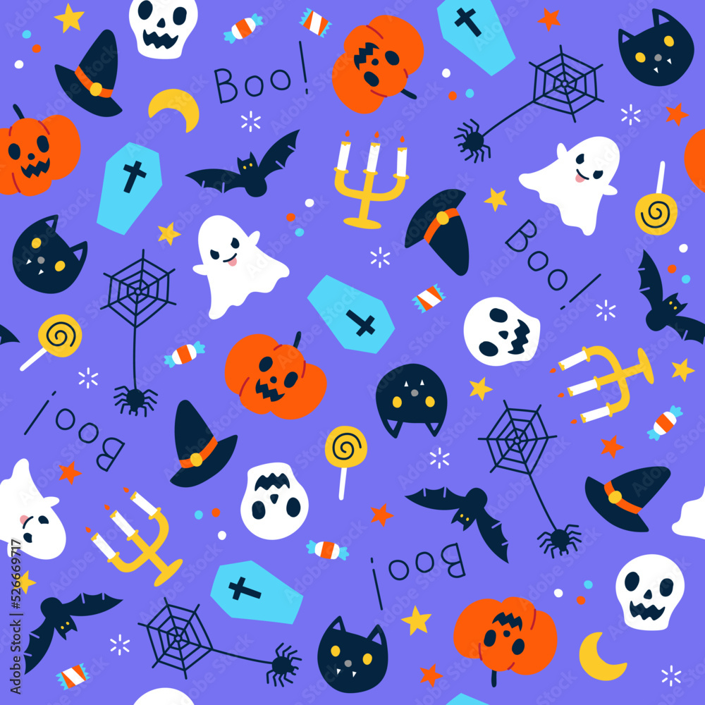 Cute Happy Halloween cartoon seamless pattern vector violet background ghost, skull, pumpkin, jack o lantern, bat, black cat, spider web, candlestick, lollipop candy, coffin, witch hat, boo, moon