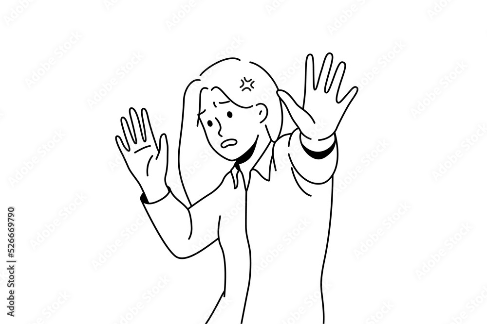 Scared young woman make stop hand gesture feeling danger or confusion. Unhappy female feel panic attack terrified frightened by something. Vector illustration. Scared young woman make stop hand gesture feeling danger or confusion. Unhappy female feel panic attack terrified frightened by something. Vector illustration.