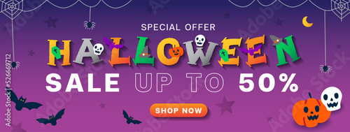Cute advertising Halloween cartoon online marketing promotion sale up to 50% web banner invitation card vector violet background ghost, skull, pumpkin, jack o lantern, bat, spider web shop now button