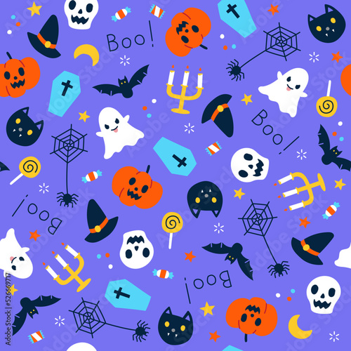 Cute Happy Halloween cartoon seamless pattern vector violet background ghost, skull, pumpkin, jack o lantern, bat, black cat, spider web, candlestick, lollipop candy, coffin, witch hat, boo, moon