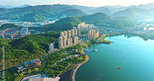 Aerial footage of Thousand Island Lake scenery. Green mountains and buildings with lake landscape in Hangzhou, Zhejiang Province, China.