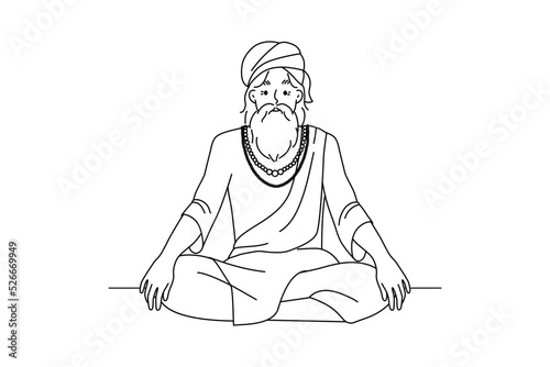 Old man in traditional clothes sitting in lotus position meditating. Elderly male yogi practice yoga. Culture and tradition. Vector illustration. 