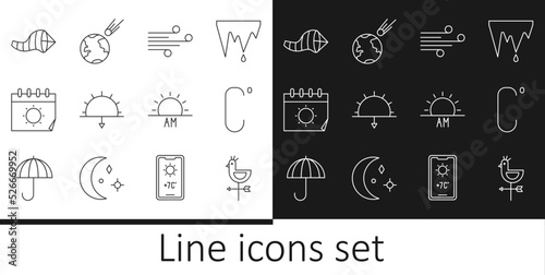 Set line Rooster weather vane, Celsius, Wind, Sunset, Calendar and sun, Cone meteorology windsock wind, Sunrise and Comet falling down fast icon. Vector