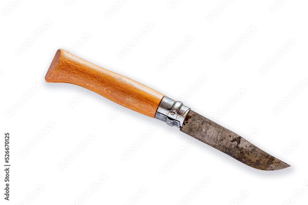 Pocket Knife with wooden handle and security ring, isolated on white background Pocket Knife with wooden handle and security ring, isolated on white background