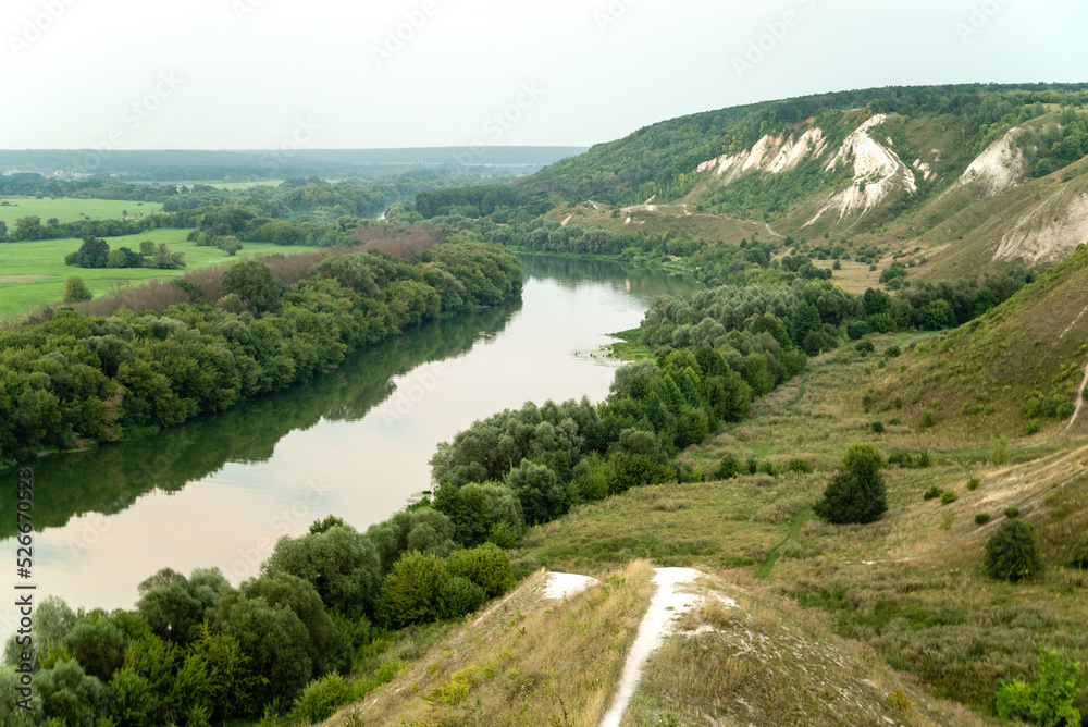 Mid summer landscape of chalk mountins and hills at Don River valley, Storozhevoe, Voronezh region, Russia
