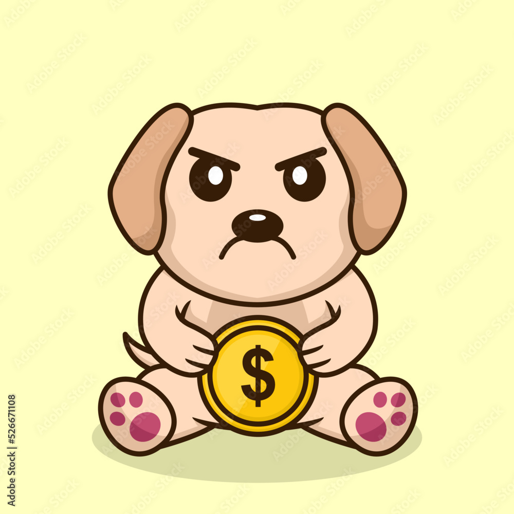 Fototapeta premium Vector illustration of premium cute dog holding gold coin
