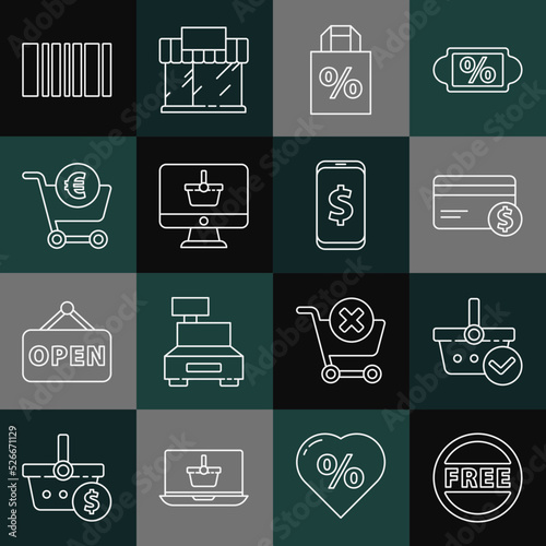 Set line Price tag with Free, Shopping basket check mark, Credit card and dollar, Shoping bag percent discount, Monitor shopping, cart euro, Barcode and Smartphone icon. Vector