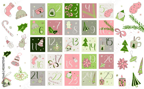 Pink countdown fot Christmas vector graphic set. Pastel advent calendar with numbers 1 to 25. Winter stickers and clipart for sublimation and stocking