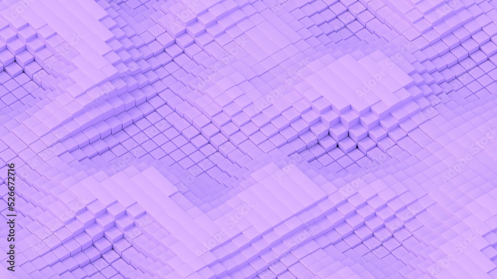 Abstract background with waves made of a lot of purple cubes geometry primitive forms that goes up and down under black-white lighting. 3D illustration. 3D CG. High resolution.