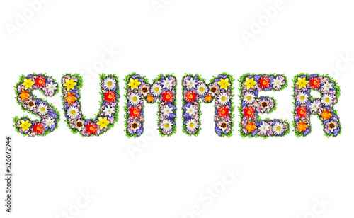 The word Summer is made of flowers on a white background