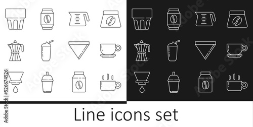 Set line Coffee cup, pot, Milkshake, moca, Glass with water, paper filter and Bag coffee beans icon. Vector