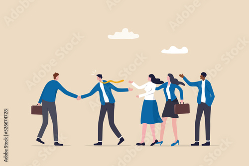Onboarding new employee, warm welcome to new office, introduce new hire to colleagues, orientation training on first day concept, businessman manager handshake welcome and introduce new staff to team. photo