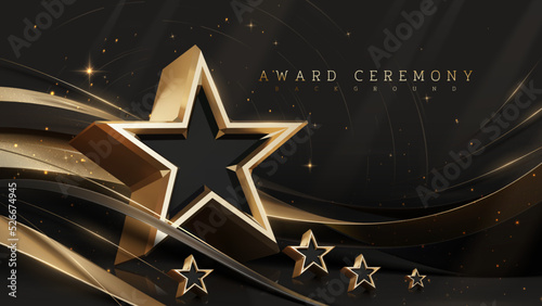 Award ceremony background with 3d gold star and ribbon element and glitter light effect decoration.