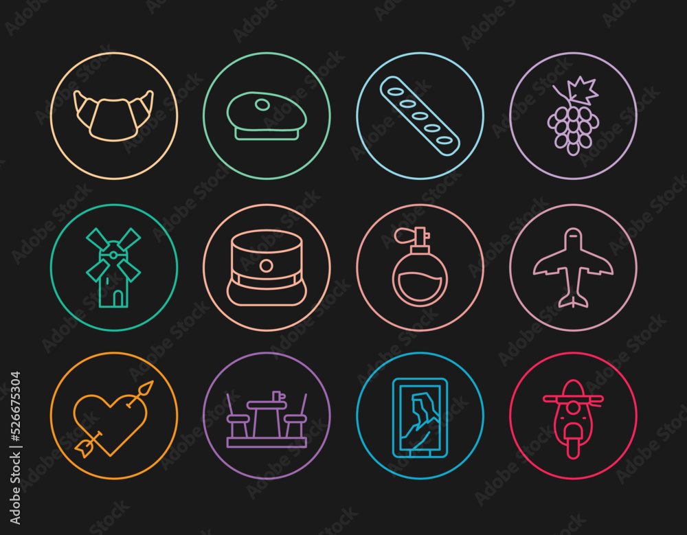 Set line Scooter, Plane, French baguette bread, Kepi, Windmill, Croissant, Perfume and beret icon. Vector Set line Scooter, Plane, French baguette bread, Kepi, Windmill, Croissant, Perfume and beret icon. Vector