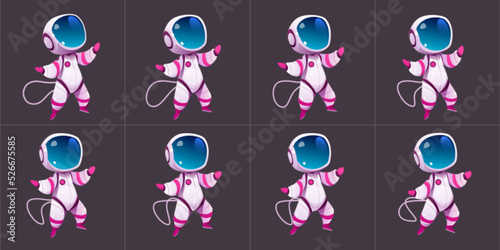 Animation sprite sheet of walking cute astronaut. Vector cartoon set of motion of spaceman in suit and helmet isolated on gray background. Cycle sequence of cosmonaut steps