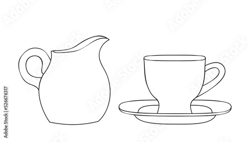 Silhouette of tea couple and milk jug. Mug and saucer. Creamer jug for serving with tea, coffee and hot drinks. Tradition of drinking coffee with milk. Sketch, linear drawing in minimalist style