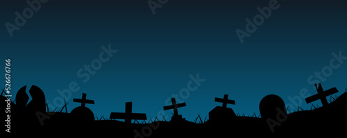 Happy Halloween in a creepy forest at horror night in the graveyard. Holiday Halloween. Black silhouettes of pumpkins on the cemetery on blue background. Graveyard trees. Vector illustration.