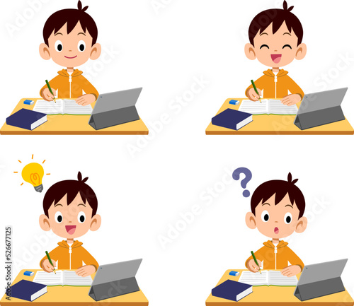 タブレットを使い学習する男の子のイラストセット
