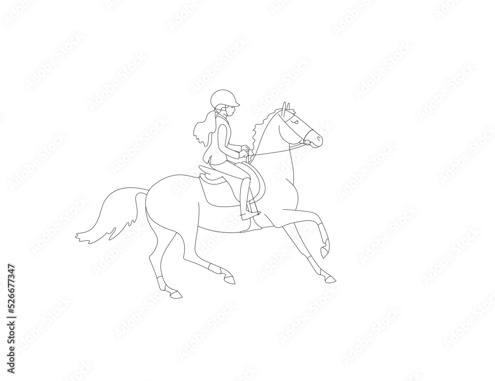 Ponies sport, young rider and small horse, linear drawing for coloring