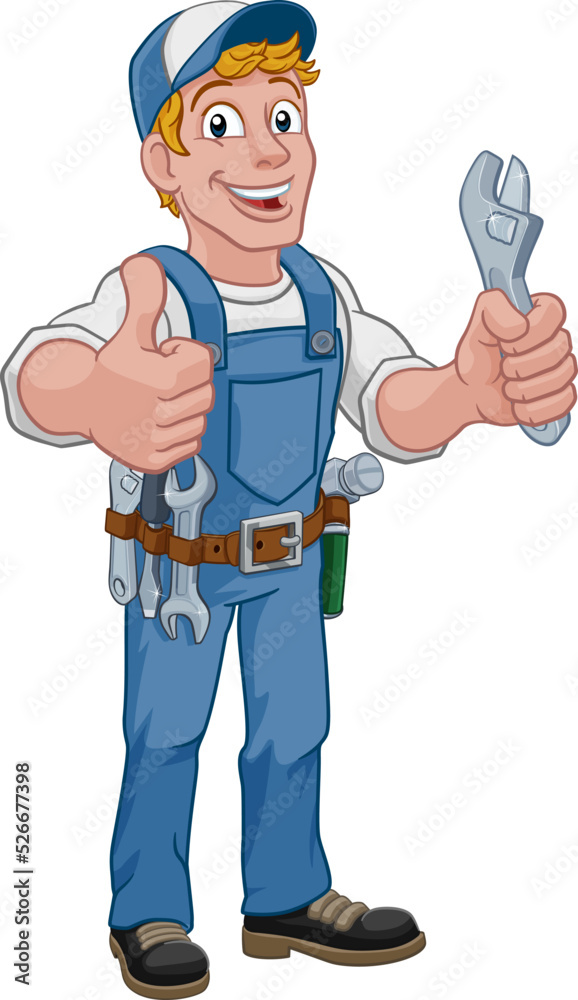 Mechanic plumber maintenance handyman cartoon mascot man holding a wrench or spanner. Giving a thumbs up