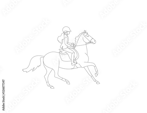 Ponies sport, young rider and small horse, linear drawing for coloring