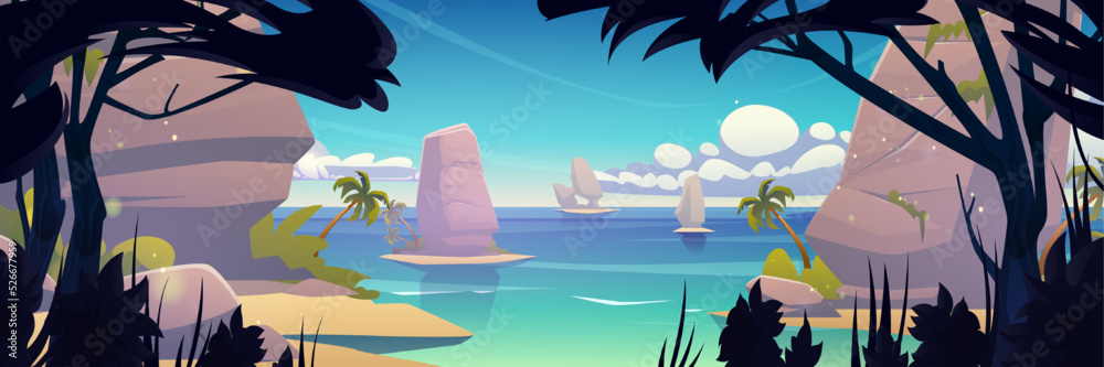 Sea lagoon landscape with palm trees on sand beach, mountains in water and jungle trees silhouettes. Tropical scene of ocean shore, summer seascape with rocks, vector cartoon illustration