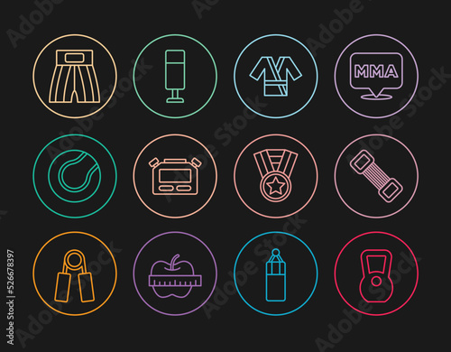 Set line Kettlebell, Chest expander, Japanese costume Kimono, Stopwatch, Tennis ball, Boxing short, Medal and Punching bag icon. Vector