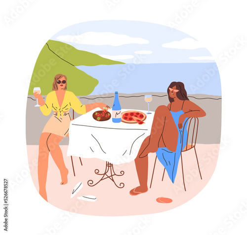 Girls couple at table of seaside beach cafe on vacation. Women eating pizza, drinking, relaxing on sea coast, summer holiday resort. Flat graphic vector illustration isolated on white background