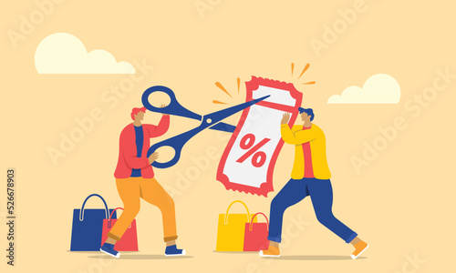 Retail markdown concept illustration. two people are cutting the discount price for goods promotion purposes.