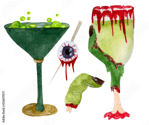 Watercolor Halloween collection, zombies drinks and cocktail decor, all elements are isolated on white background.