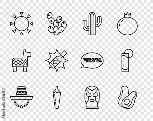 Set line Mexican sombrero, Avocado fruit, Cactus, Hot chili pepper pod, Sun, Tabasco sauce, wrestler and Tequila glass with lemon icon. Vector