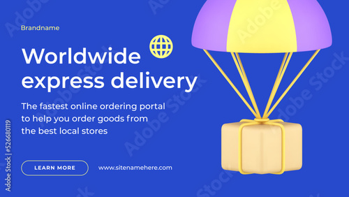 Worldwide express delivery service parachute flying with parcel web banner 3d icon vector